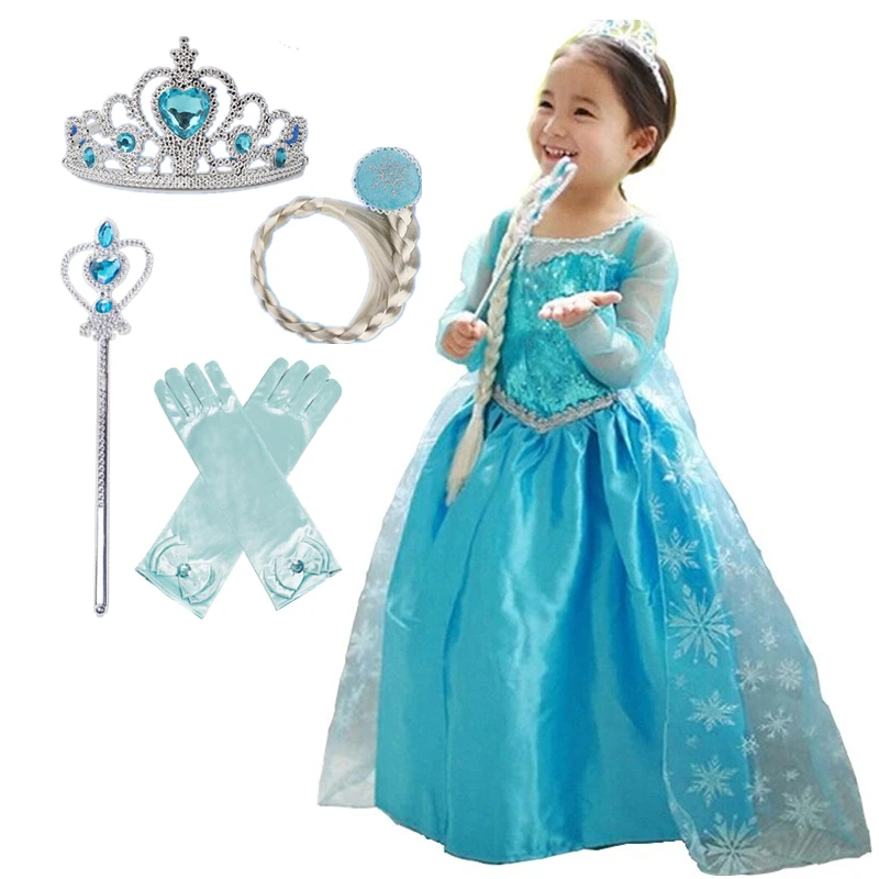 2020 Elsa Dresses For Girls Princess Anna Elsa 2 Costumes Party Cosplay Elza Hair Accessory Set Children Girls Clothing