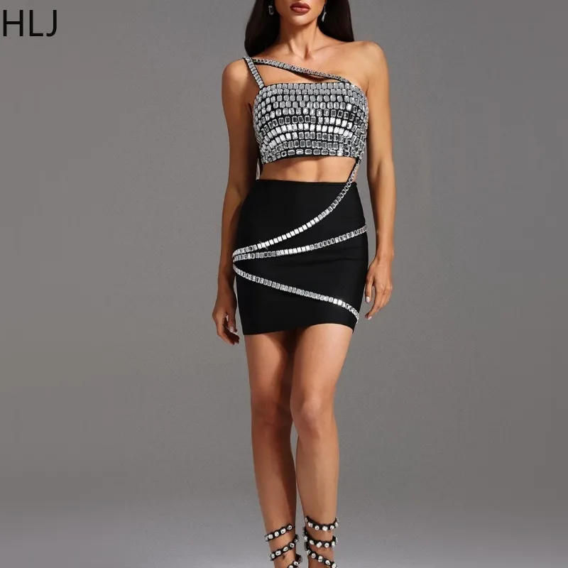 HLJ Sexy Rhinestone Patchwork Bodycon Mini Dress Woman Inclined Shoulder Backless Dress Female Party Night Clubwear Vestidos