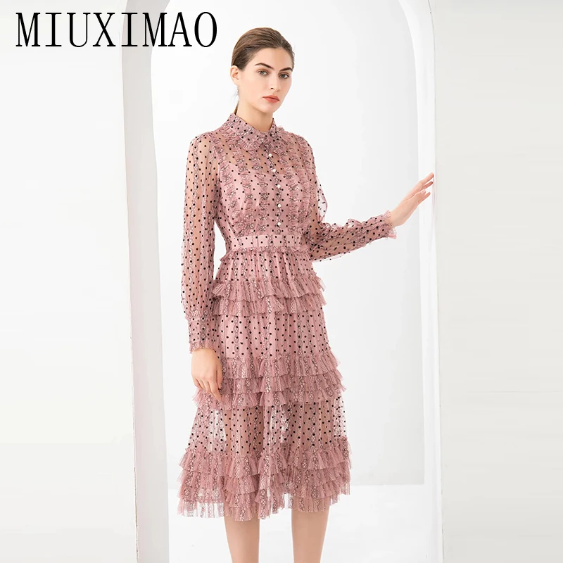 

MIUXIMAO 2023 Fall Woman Clothing Full Sleeve Luxury Ruffles Lace Dot Fashion Long Elegant and Pretty Women's Dresses