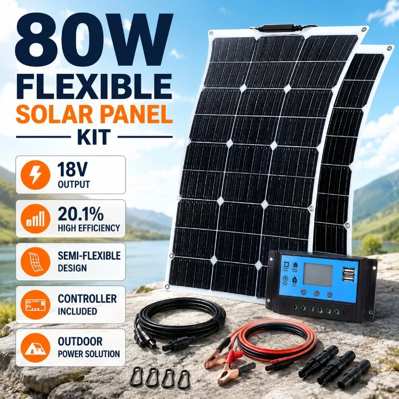 80W Flexible Monocrystalline Solar Panel 18V High Efficiency Bendable Solar Charger for RV Boat Car Off-Grid Power System