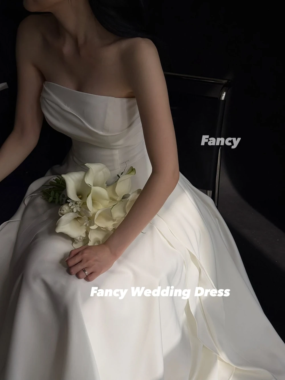 Fancy Simple Strapless A Line Wedding Dress Korea Photo Shoot A Line Elastic Satin Bridal Gown Floor Length Customized