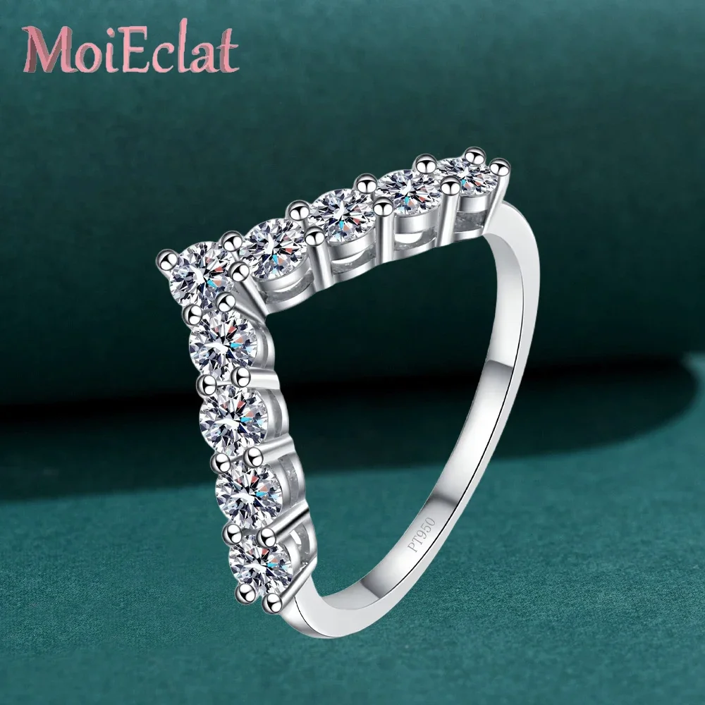 Luxury Nature-inspired Jewelry PT950 Platinum Ring for Women, V-shaped Ring with 0.9ct Moissanite Diamond Fine Jewelry Gift