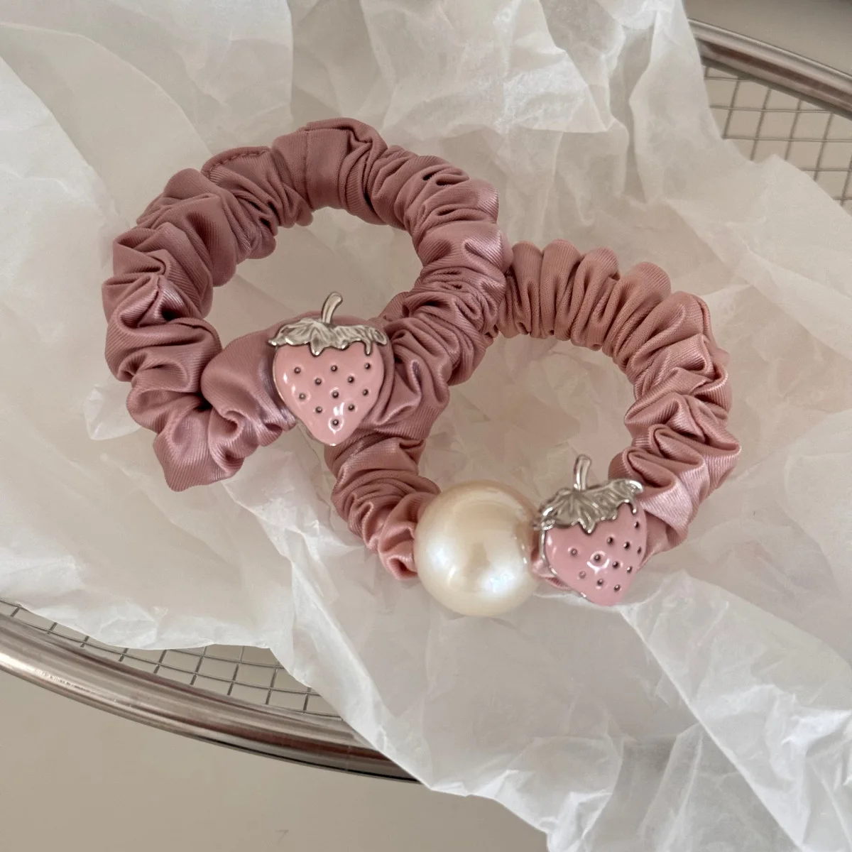 Hair Scrunchie Pink Strawberry Satin High Elasticity Durable Ponytail Holder for Women Daily Travel Office Party Accessory