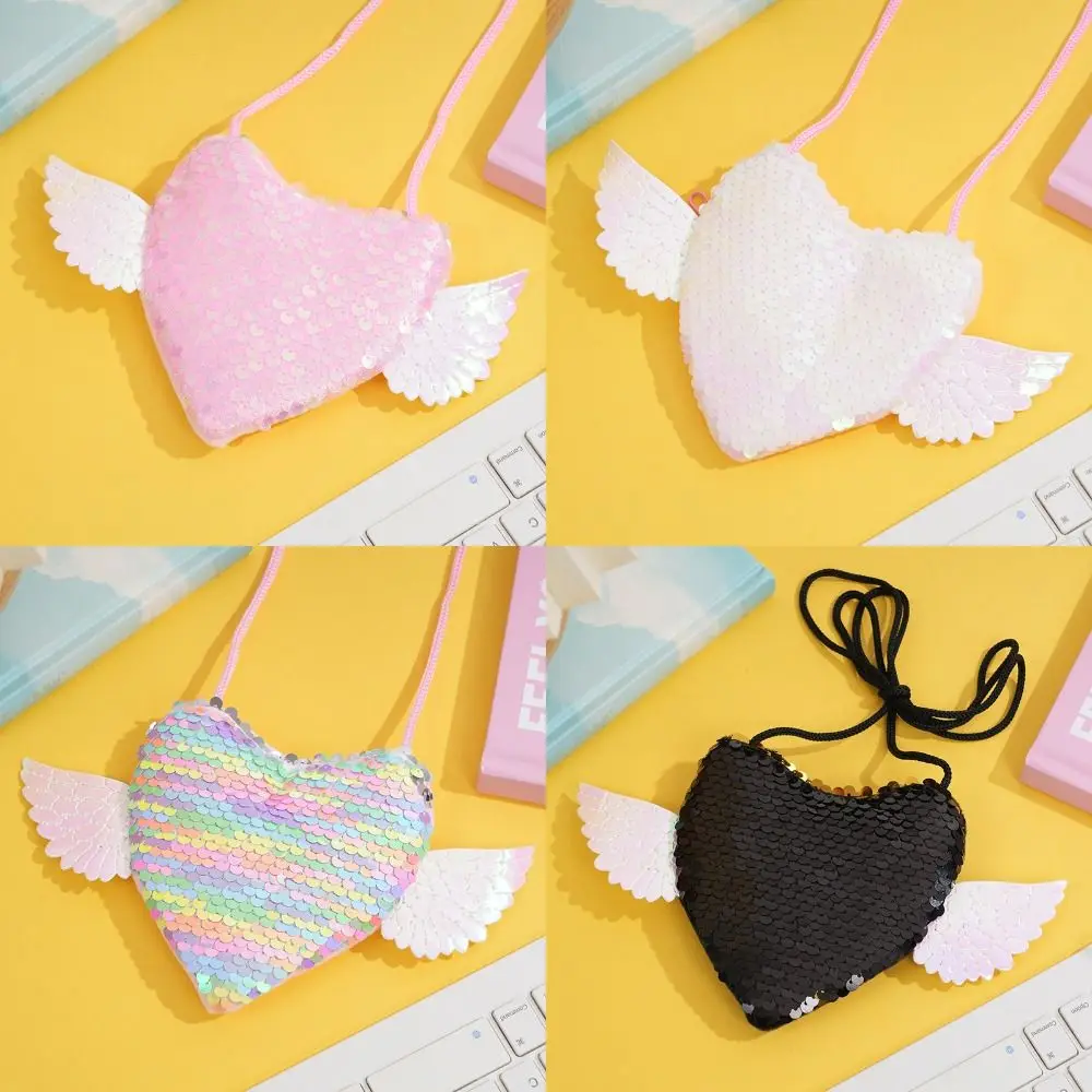 Sequin Sequin Heart Purse Wing Detail Drawstring Kids Shoulder Bag Heart Shape Adjustable Strap Angel Wing Pouch Party Gifts