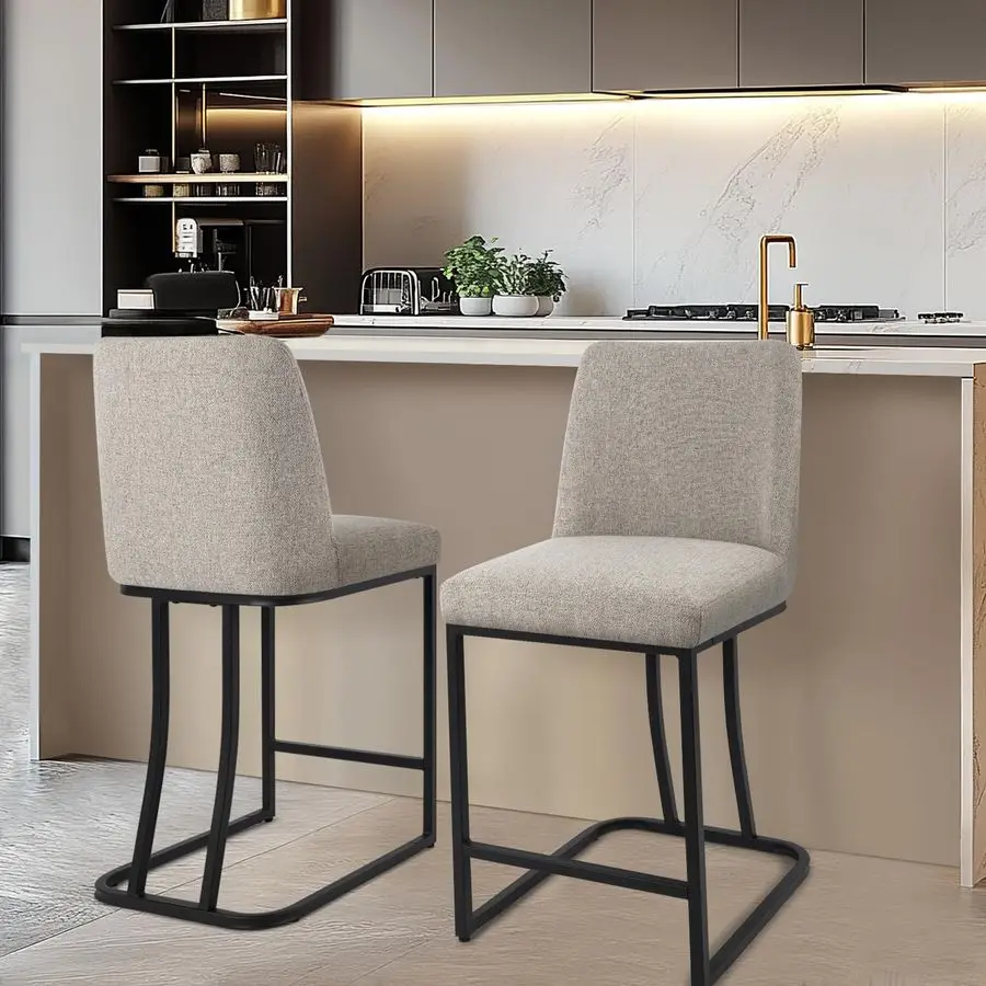 

Height Bar Stools Set of 2, 24 Inch Seat Height Bar Chairs for Kitchen Island, Linen Fabric Upholstered Barstools with Metal Fee