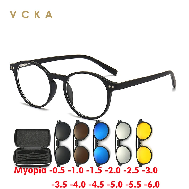 VCKA 6 In1 Round Magnetic Clip Myopia Men Sunglasses Polarized  Women Glasses Frame Optical Prescription Eyewear -0.5 to -6.0