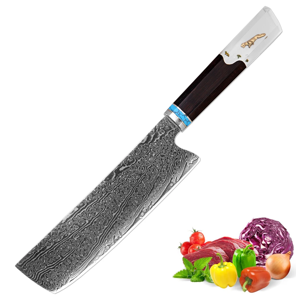 7 Inch Nakiri Knife Sharp Japanese Damascus Steel,Meat Cleaver and Vegetable Kitchen Knife,Asian Chef Knife for Home and Kitchen