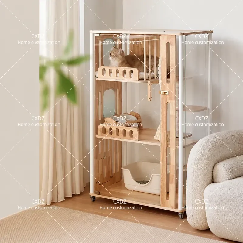 Liwu Guangyu series small solid wood panoramic small apartment cat villa tempered glass wooden indoor cat nest cat cage
