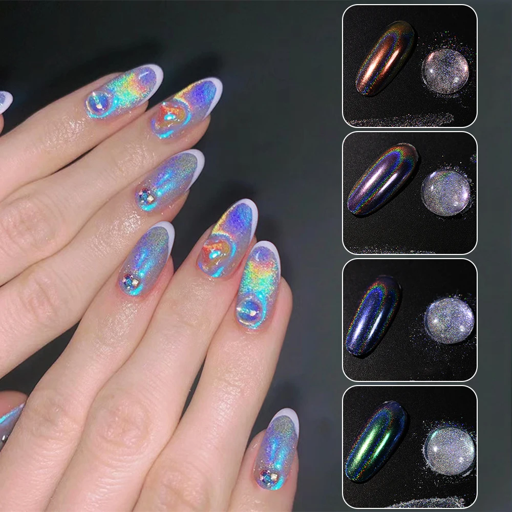1bottle Rainbow Holographic Chrome Nail Powder Super Laser Shining Pearl Pigment Silver Rub Dust  Aurora Mermaid Nail Art Powder