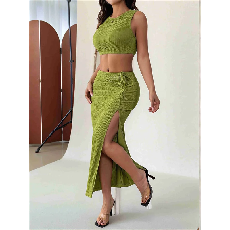 

ABRT-Women's 2 Pieces Outfit Round Neck Tank Crop Top And Drawstring Split Thigh Midi Skirt Set