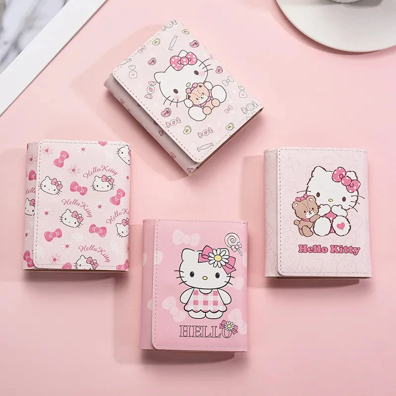 Girl Pink Hello Kitty Wallet Cartoon Cute PU Three Fold Leather Bag Girl Velcro Zero Wallet Women's Gift Paper Money Wallet