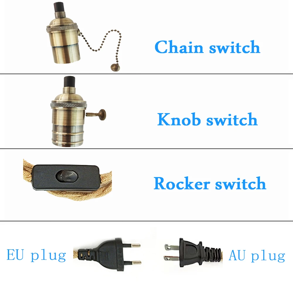 EU AU Plug Cabo De Alimentação, Luzes Pingente, Cabos De Corda Torção, Suporte Da Lâmpada E27, Fio Ligado e Desligado, Lâmpadas Edison, Cabo De