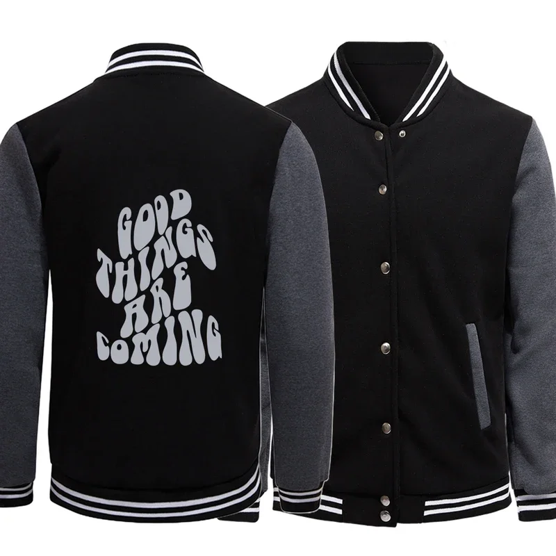 

Good Thing Are Coming Printed Coats Hip Hop Male Baseball Suit Pocket Fleece Jackets Splicing Comfortable Neutral Sportswear