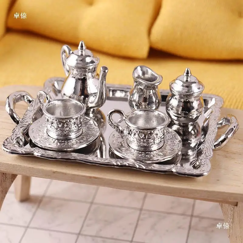 8Pcs/Set Dollhouse Mini Alloy Pattern Tea Set Kitchen Miniature Simulation Toy Decoration DIY Sand Table Pocket Model