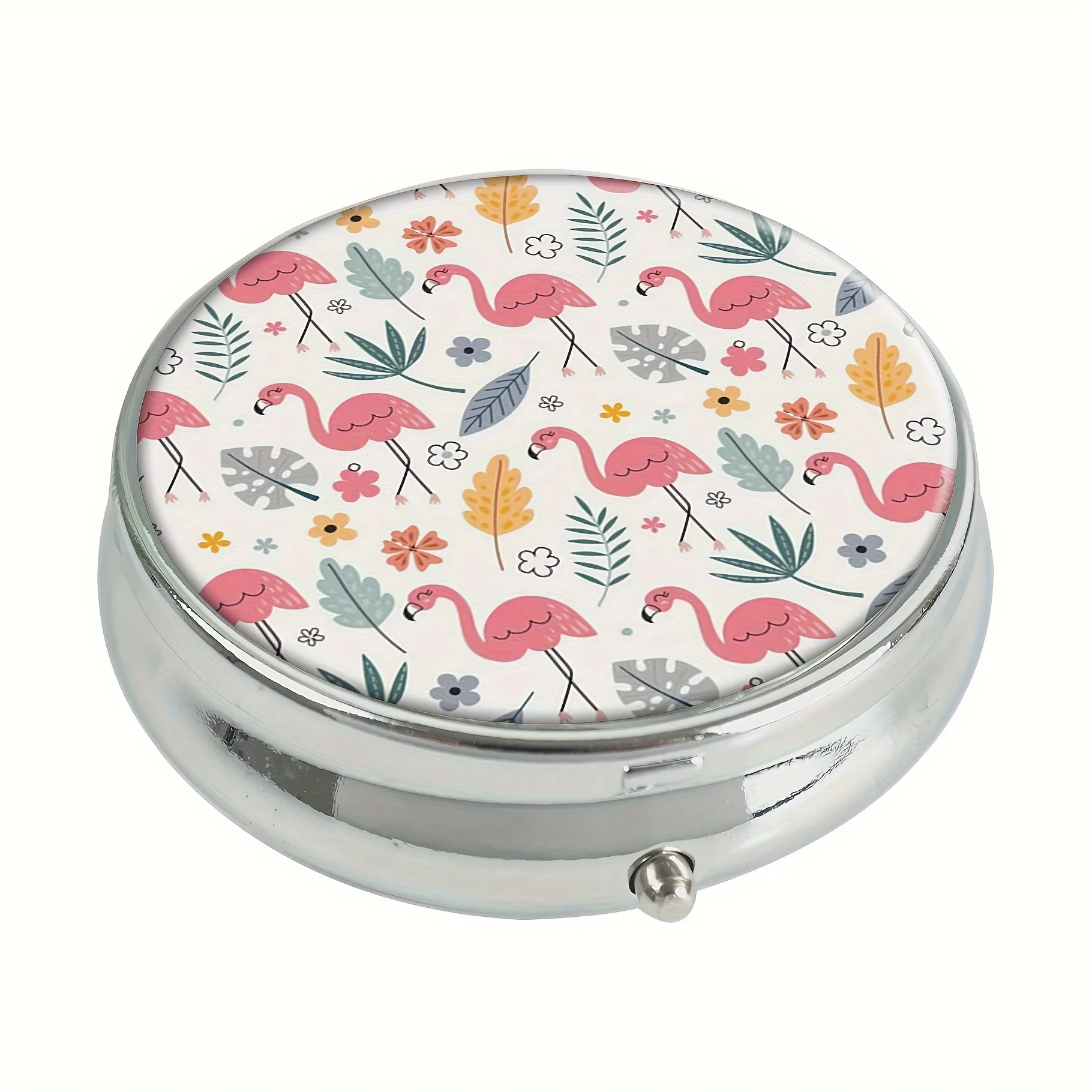 Flamingo-Themed Portable Pill Box - 3-Compartment Metal Medicine Organizer,Seamless Design For Travel & Office Use