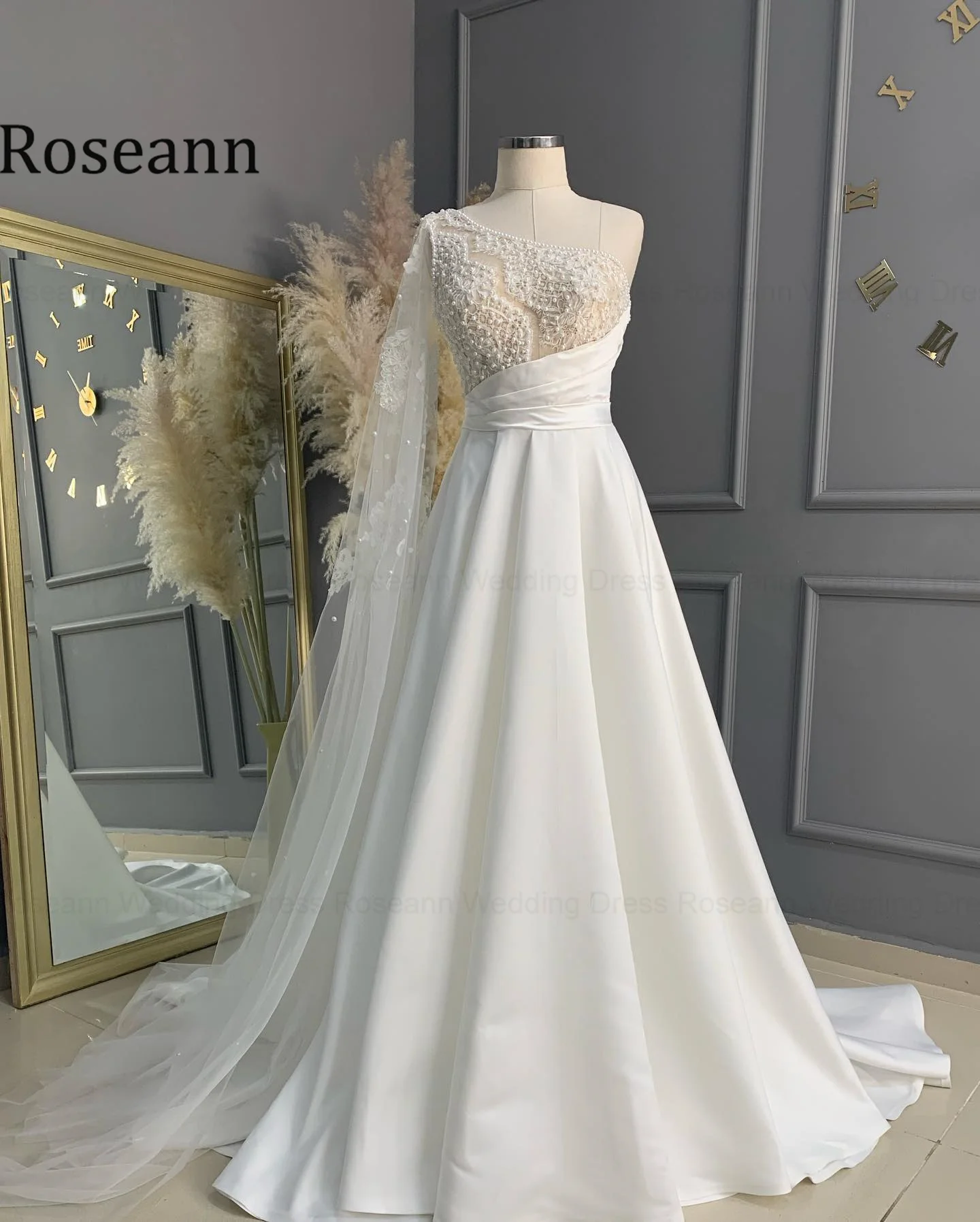 Roseann Wedding Dress One Shoulder Satin Bridal Gown Beaded Lace Ball Gown amanda novias Detachable Tulle Cape Train Customized