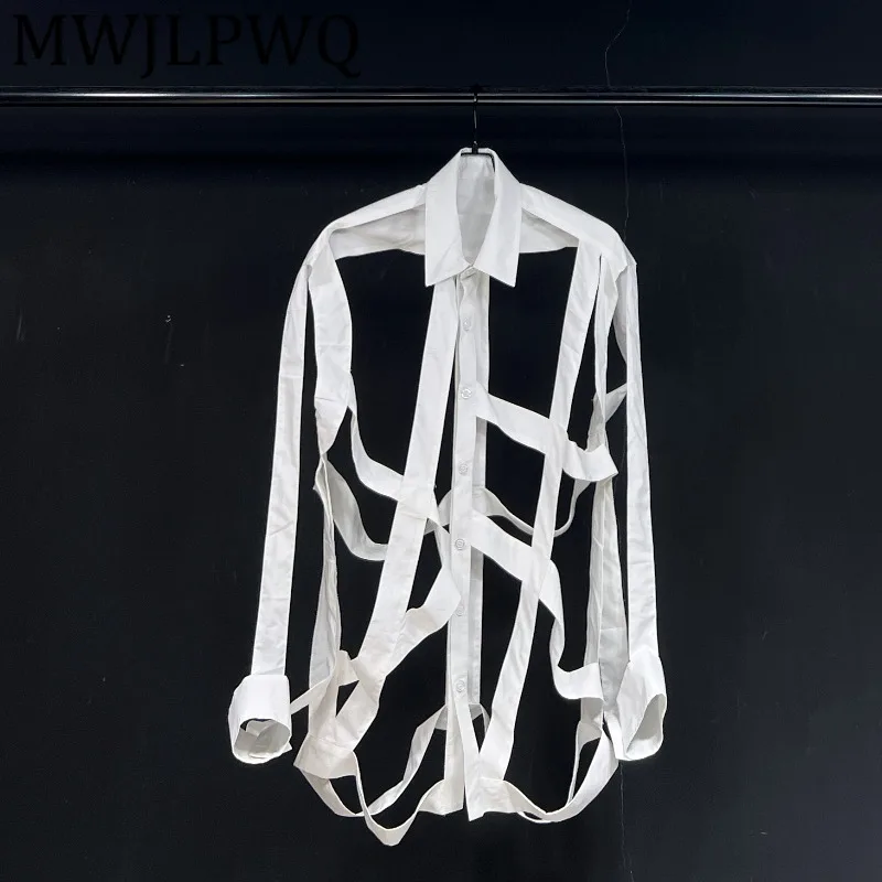

MWJLPWQ Hollow Out Spliced Lace Up Design Male Shirts High Street Lapel Long Sleeve Loose Casual Tops Niched Autumn Tide 11849