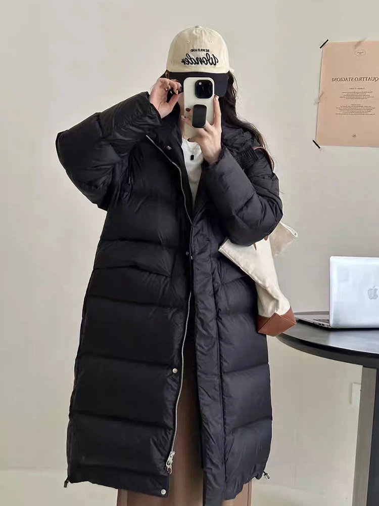 الشتاء الرباط طويل مقنعين أسفل سترة الإناث سميكة الدافئة مقاوم للماء أبلى المرأة الأبيض بطة أسفل باركر طول الركبة السترات