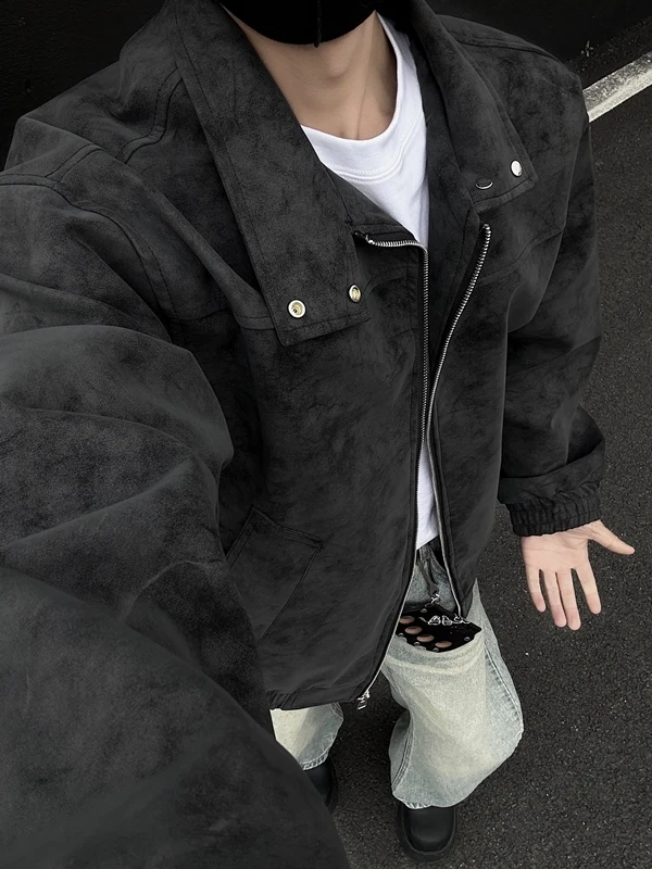 

American Sle PU Leather Jaet Men's Spring Autumn Trendy High Street Cleanfit Men's Clothing Stand Collar Leather Jaet