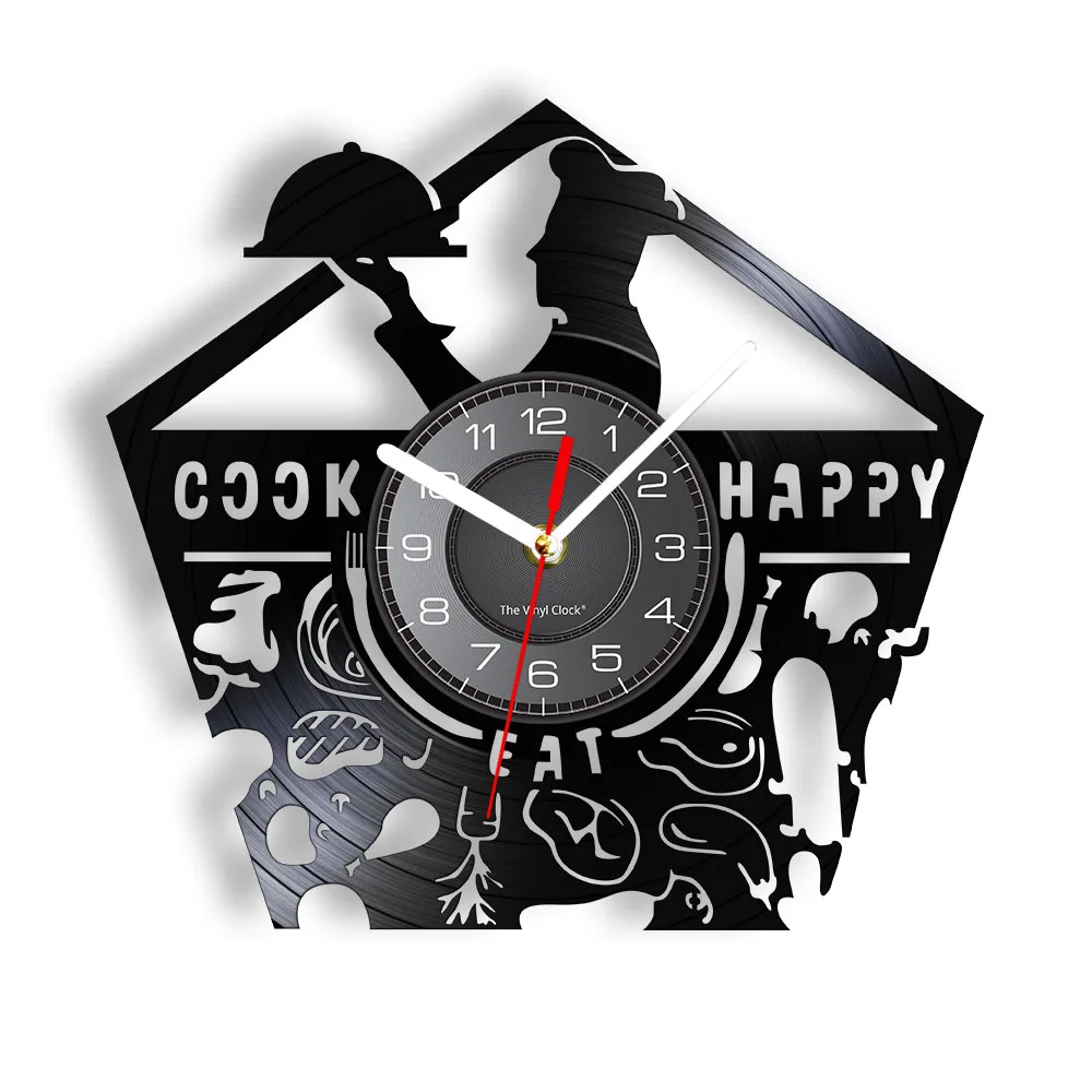 Bon Appetit Happy Cook Wall Art Chef Wall Clock Kitchen Decoration Culinary Vinyl Record Wall Clock Gastronome Housewarming Gift