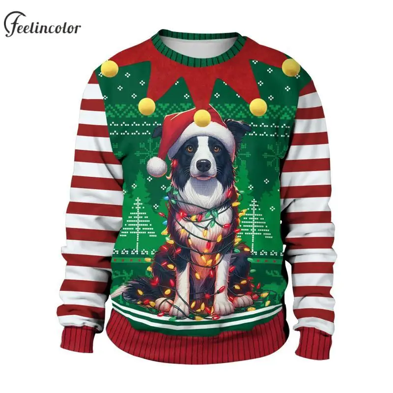 

Christmas Dog Men Ugly Sweatshirt Yellow Ball Crewneck Graphic Pullover Family Party Hoodies Casual Loose Streetwear Elf Clothes