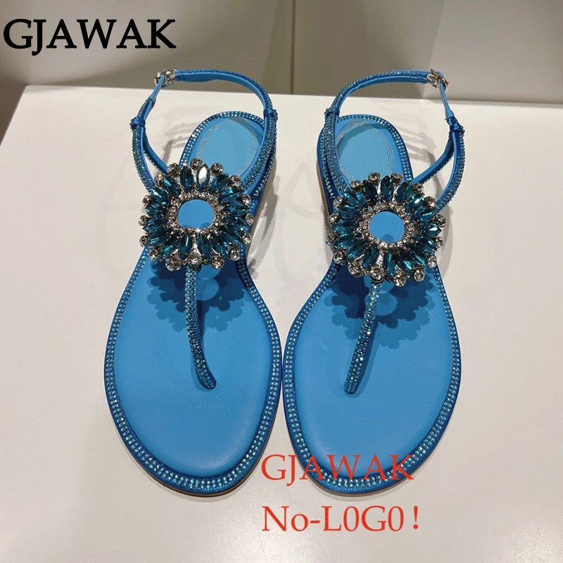 Nuevas chanclas, Sandalias planas para mujer, zapatos de playa con hebilla de cristal de lujo, sandalias de playa con correas en el tobillo para mujer, sandalias de playa de verano para mujer 2025