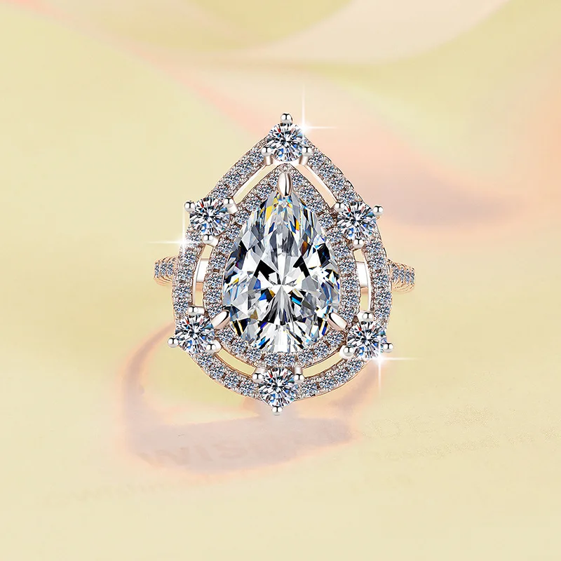 PT950 Platinum Ring with 5-Carat Moissanite, Dramatic Pear Shape, Statement-Making Light Luxury Design