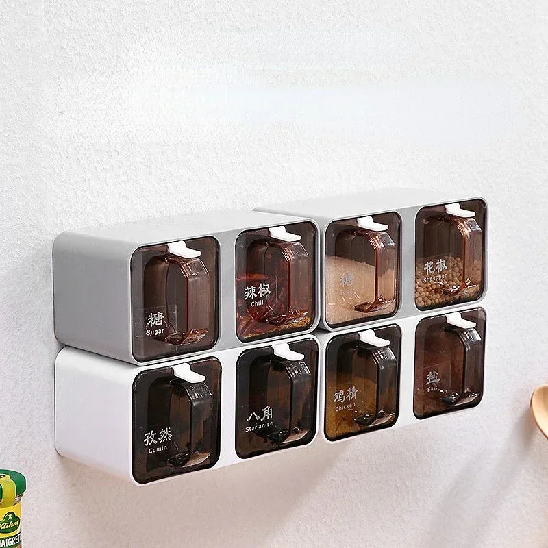 

Wall-Mounted Multi-Grid Spice Organizer, Kitchen Storage, Salt Jar, Seasoning Box Set