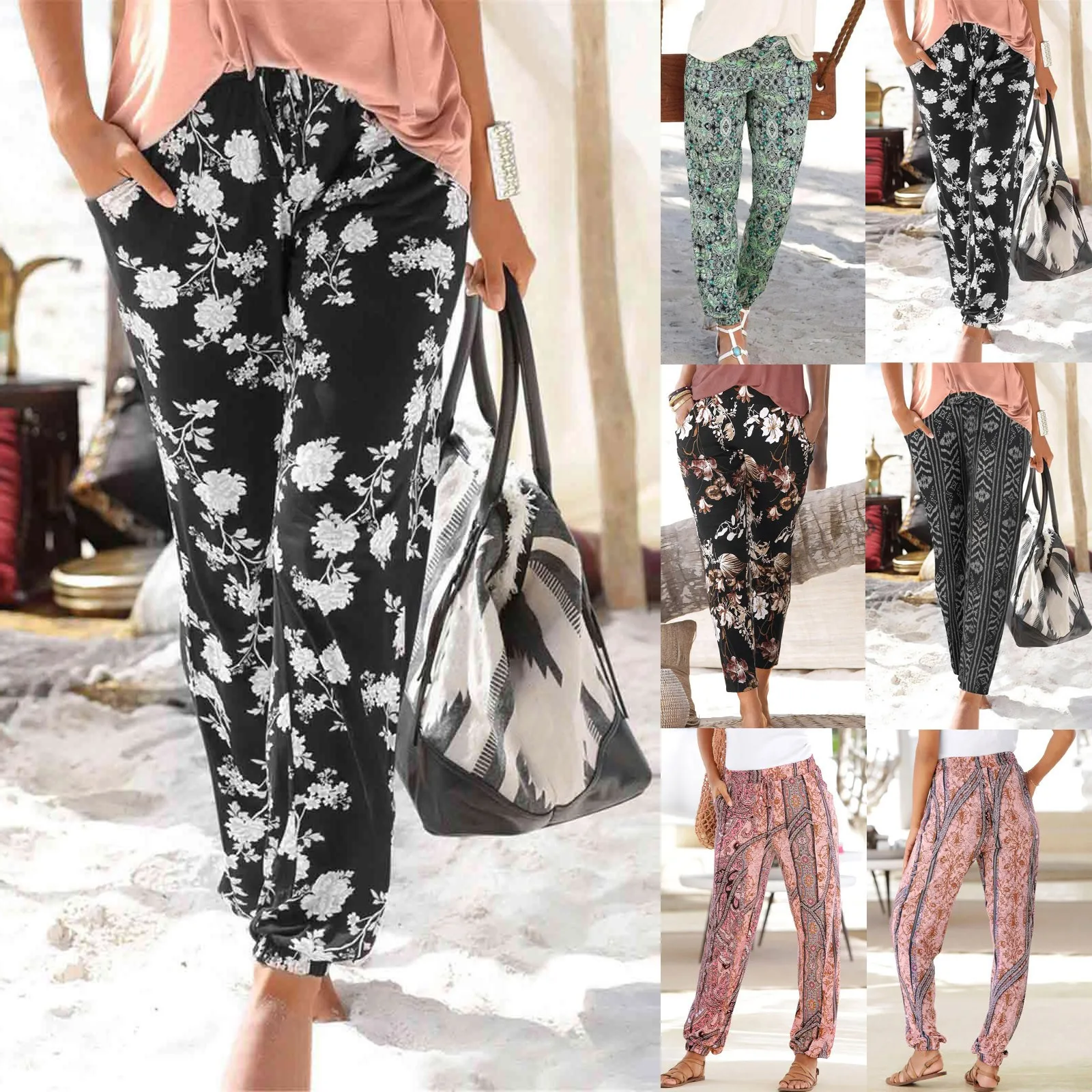 Female Plus Size Bohemian Pants Women Floral Print Mid Waist Vintage Long Pants Elastic Waist Summer 2024 Streetwear Trousers