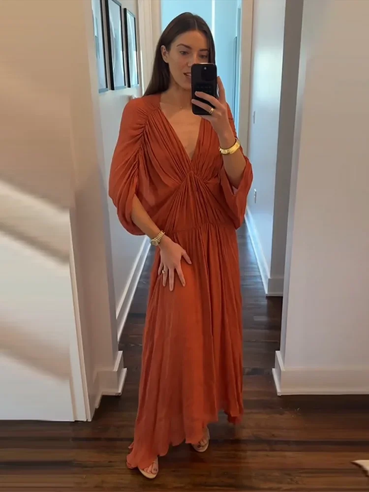 Elegante abito lungo a pieghe con maniche a lanterna Donna Chic scollo a V sciolto a vita alta pieghe Abiti da festa 2025 Spring Party Street Robe