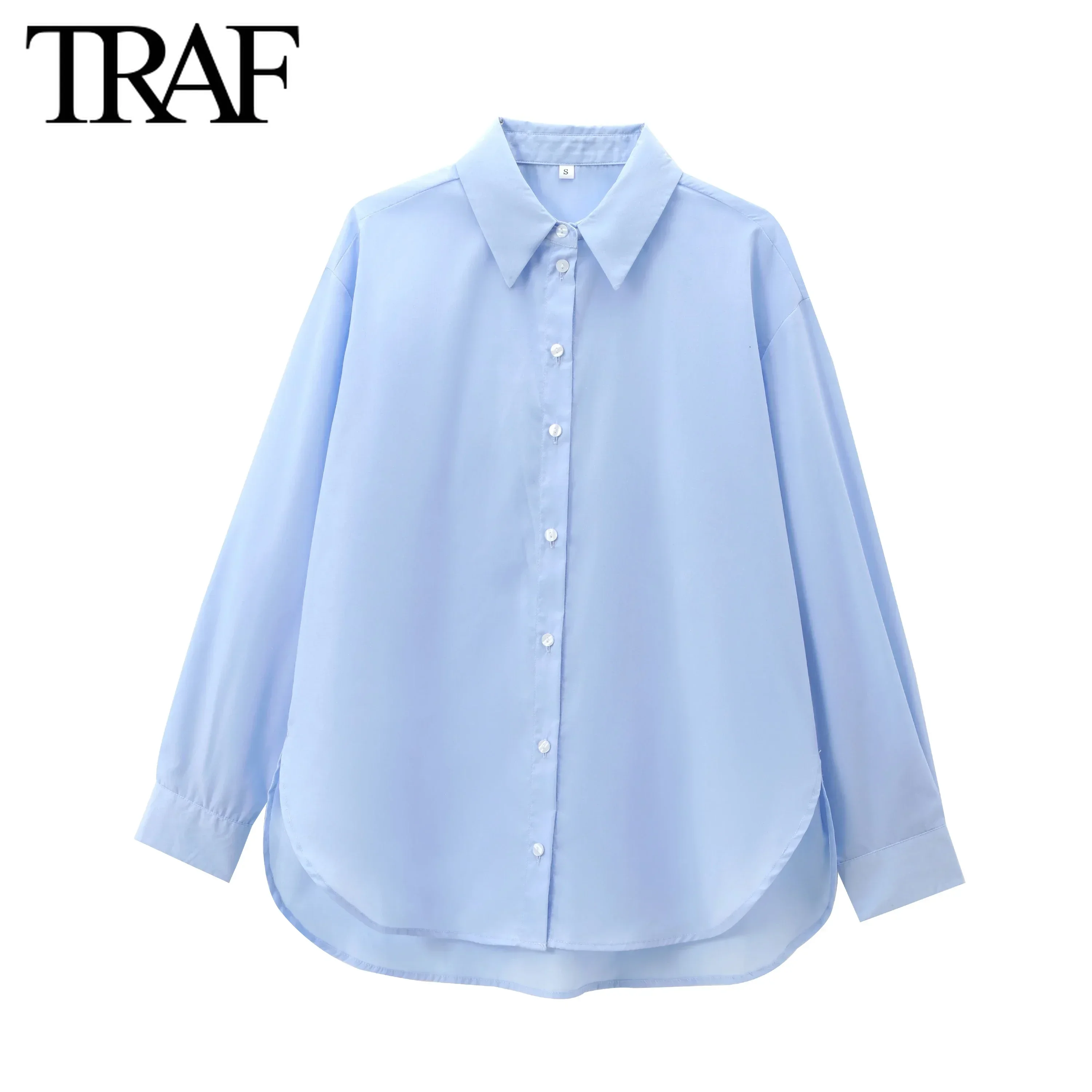 TRAF Women Fashion New Cotton Solid Color Loose Long Sleeve Single Breasted Lapel Blouse Street Clothing Shirt Chic Ladies