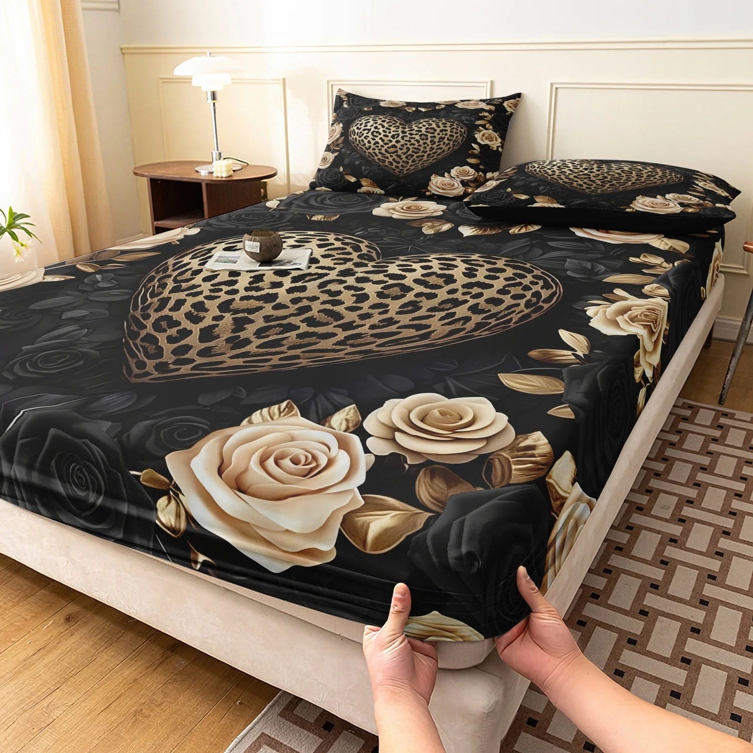 3 Pieces Gold Leopard Heart Black Cream Rose Fitted Sheet Set, Luxury Floral Leopard Printed Bedding, Multiple Sizes Available