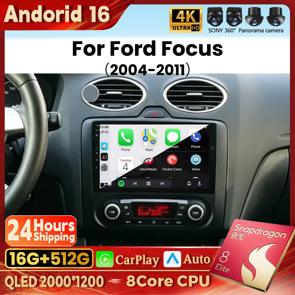 Rádio Multimídia Automotivo Android 16 Qualcomm para Ford Focus 2 3 Mk2 Mk3 2004 2005-2011 com Carplay Sem Fio e Estéreo Automotivo