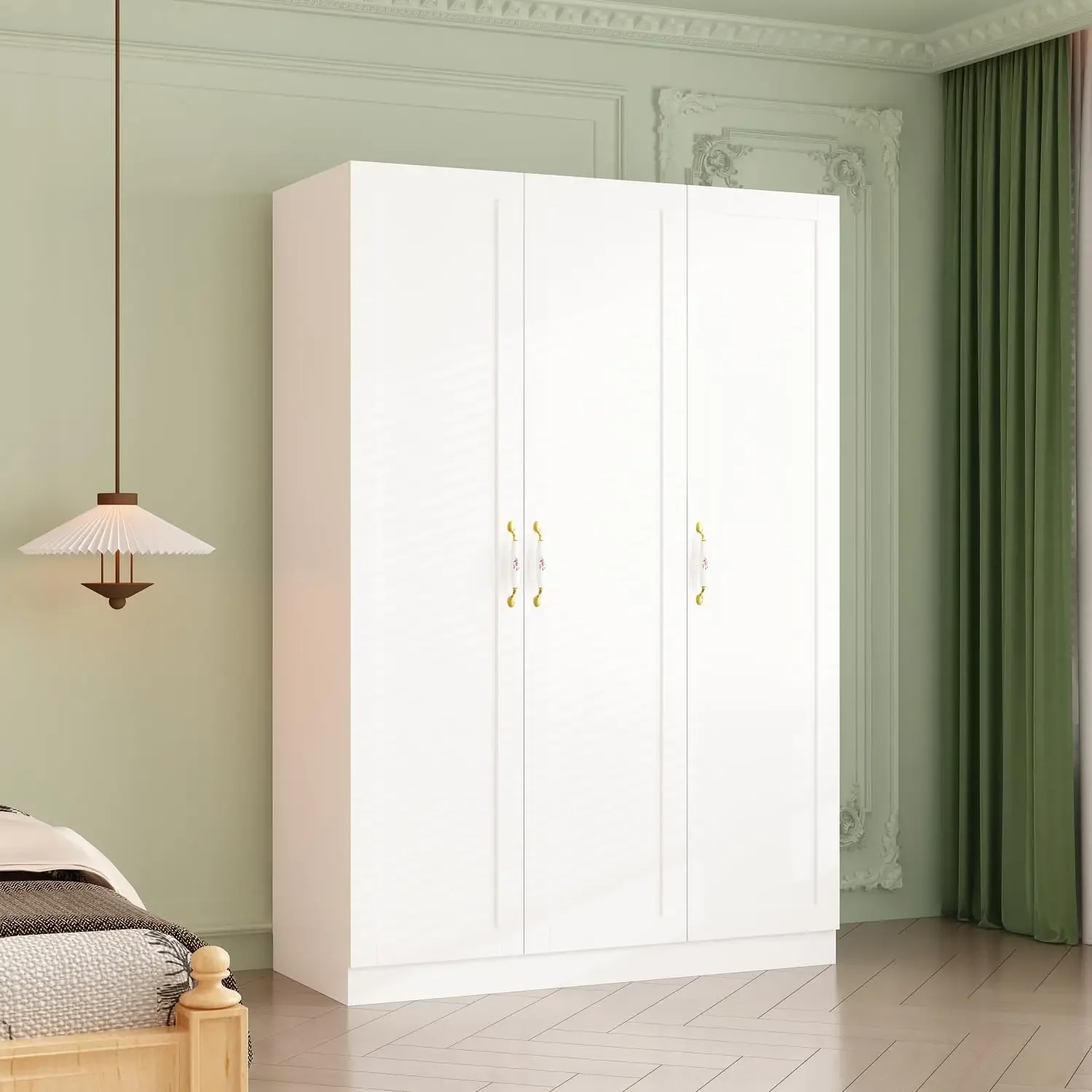 

3 Door Wardrobe Closet with Shelves, Hanging Rods, White Bedroom Armoire with Ceramic Handles,47.2”W x 18.3”D x 69.7”H