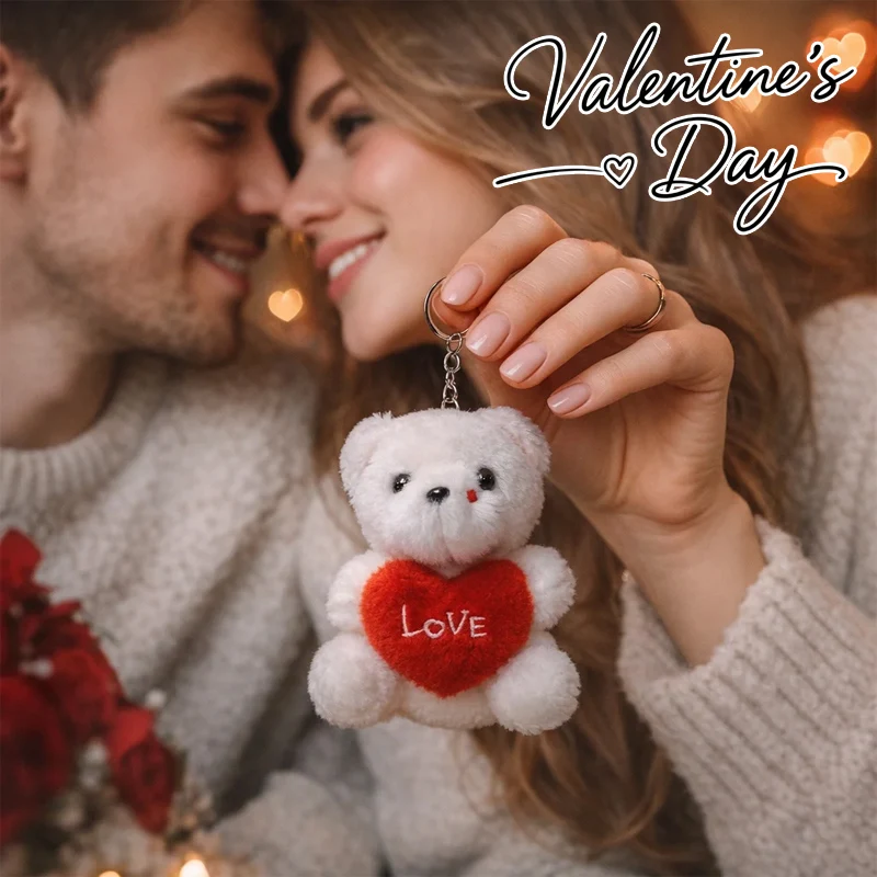 Chaveiro de Urso com Coração de Amor, Acessórios de Boneca de Pelúcia Macia para Decoração de Bolsas, Mochilas e Presentes, Lembrança para Casais