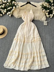 Women French Bohemian Long Dress Summer Sexy Hollow Neck Hanging Beach Vacation Party Beach Dress High Waist Slim Folded Robe