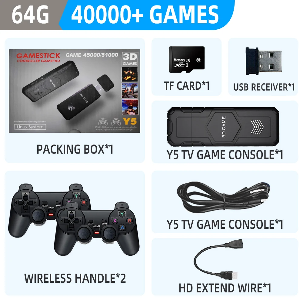 Y5 Retro Tv Game Stick 64G/128GB 45000+Games 2.4G Wireless Controller 4K HD Video Console Support Multiplayer PS1 Family Portabl