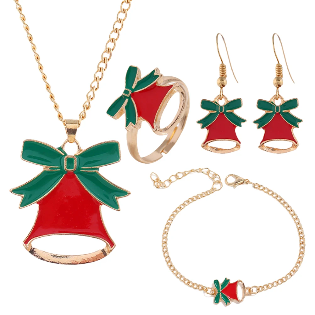

Christmas Bell Ornaments Women Jewelry Set Necklace Earrings Bracelet Ring Large Size Smooth Bright Cartoon Design Oil Drip Chic