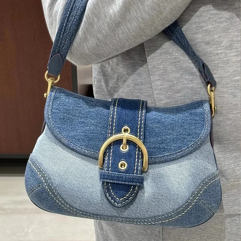 England Style Denim Bag For Women Luxury Designer Handbags Purses 2024 New In Splicing Belt Buckle Small Underarm Cloth Shoulder