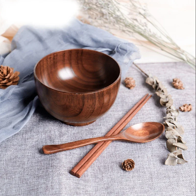 1/4Pcs Japanese  Wooden Bowl Natural Thicken Jujube Wood Bowl Set Wooden Spoon Chopsticks and Box Fruit Salad Noodle Rice Soup