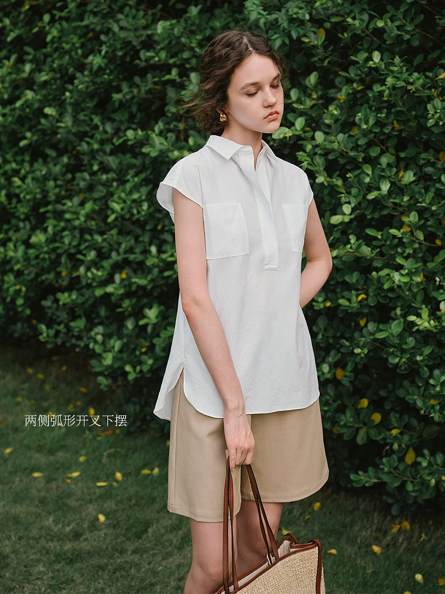 

OLrain летние топы женские 2025 белая рубашка с короткими рукавами с отложным воротником и карманами на пуговицах офисная одежда женские топы O57XC96398