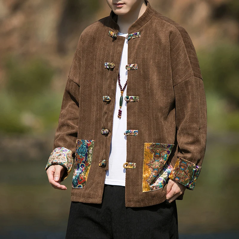 

Men's Spring Autumn Sle Retro Chinese Nationa Jaet with Button Design Outerwear Long Sve Stand Collar Hanfu Tang C...