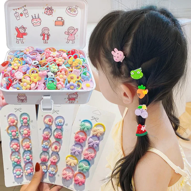 10 PCS New Girls Cute Cartoon Flower Small Scrunchie Kids Ponytail Hair Tie Elastic Hair Bands Fashion Hair Accessories Set