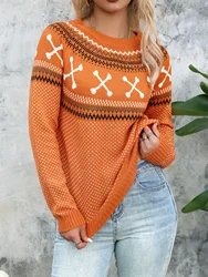 Halloween Clothing Round Neck Cross Bone Retro Polka Dot Long Sleeved Knitted Pullover Women Sweater