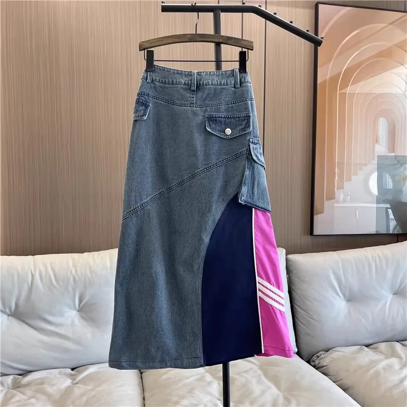 2024 American Spice Girl High Waist Denim Skirt Women\'s Summer European Casual Contrast Color Stitching A-Line Mid-Length Dress