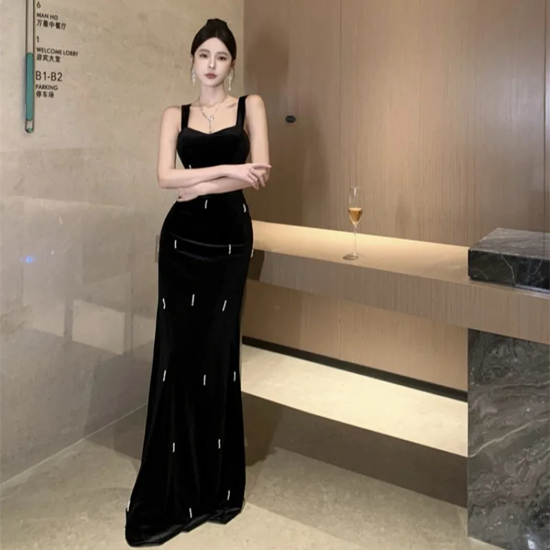 Black Velvet Long Evening Dress Women Y2k Retro Sleeveless Sexy Bodycon Party Gown Mermaid Fishtail Maxi Formal Dress