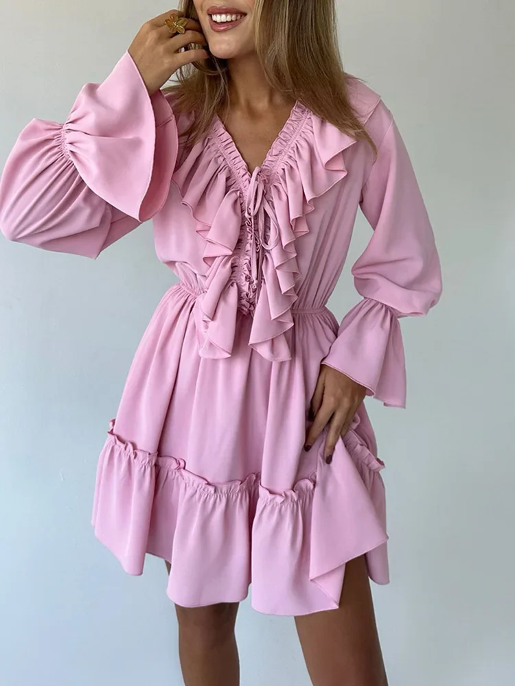 2025 Nuovo abito primavera estate Solido pizzo con scollo a V Dolce mini abito in chiffon per le donne Abiti vintage a maniche lunghe alla moda