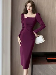 Autumn Winter Purple Long Sleeve Bodycon Prom Dress Women Solid Elegant Chain Square Collar Dress 2026 Korean Luxury Party Dress