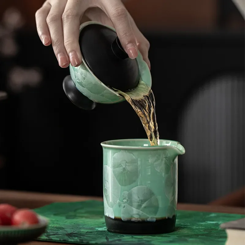Ice Flower Kiln Change Crystal Glaze Tea Cup with Lid High Foot Covered Bowl Personal Household Teaware Gift Box Set Crystal