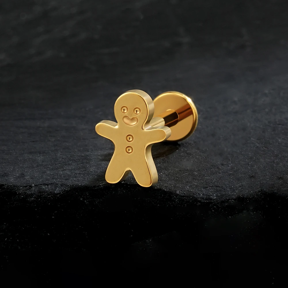 Right Grand ASTM F136 Titanium Cute Gingerbread Man Stud Earring 16G Snowman Cartilage Helix Tragus Flat Back Labret Stud Piercing Christmas Jewelry